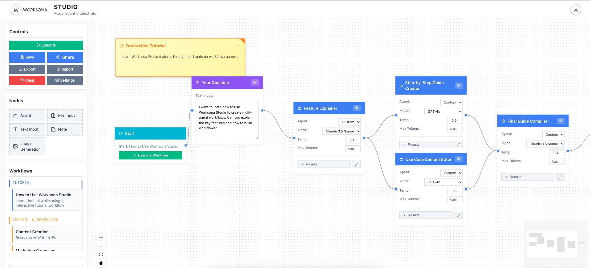 Worksona Studio Interface showing interactive tutorial workflow with multiple agents connected